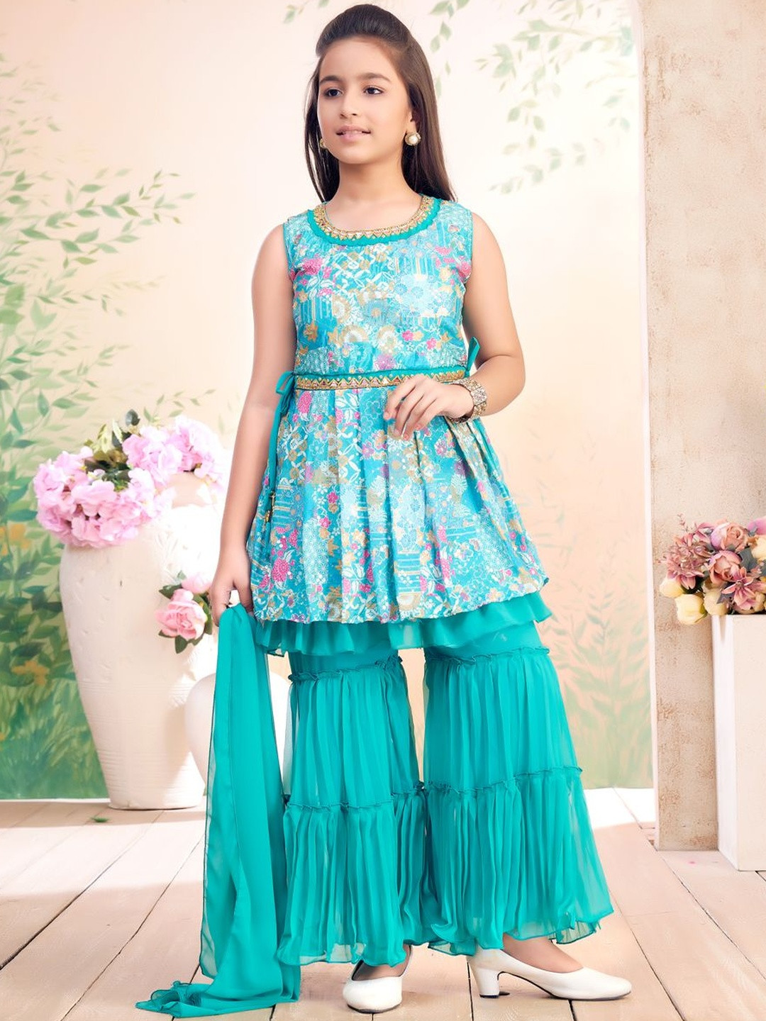 Muhuratam Girls Ethnic Wear Floral Print/Hand Embriodery Georgette Kurti Sharara Set With Dupatta