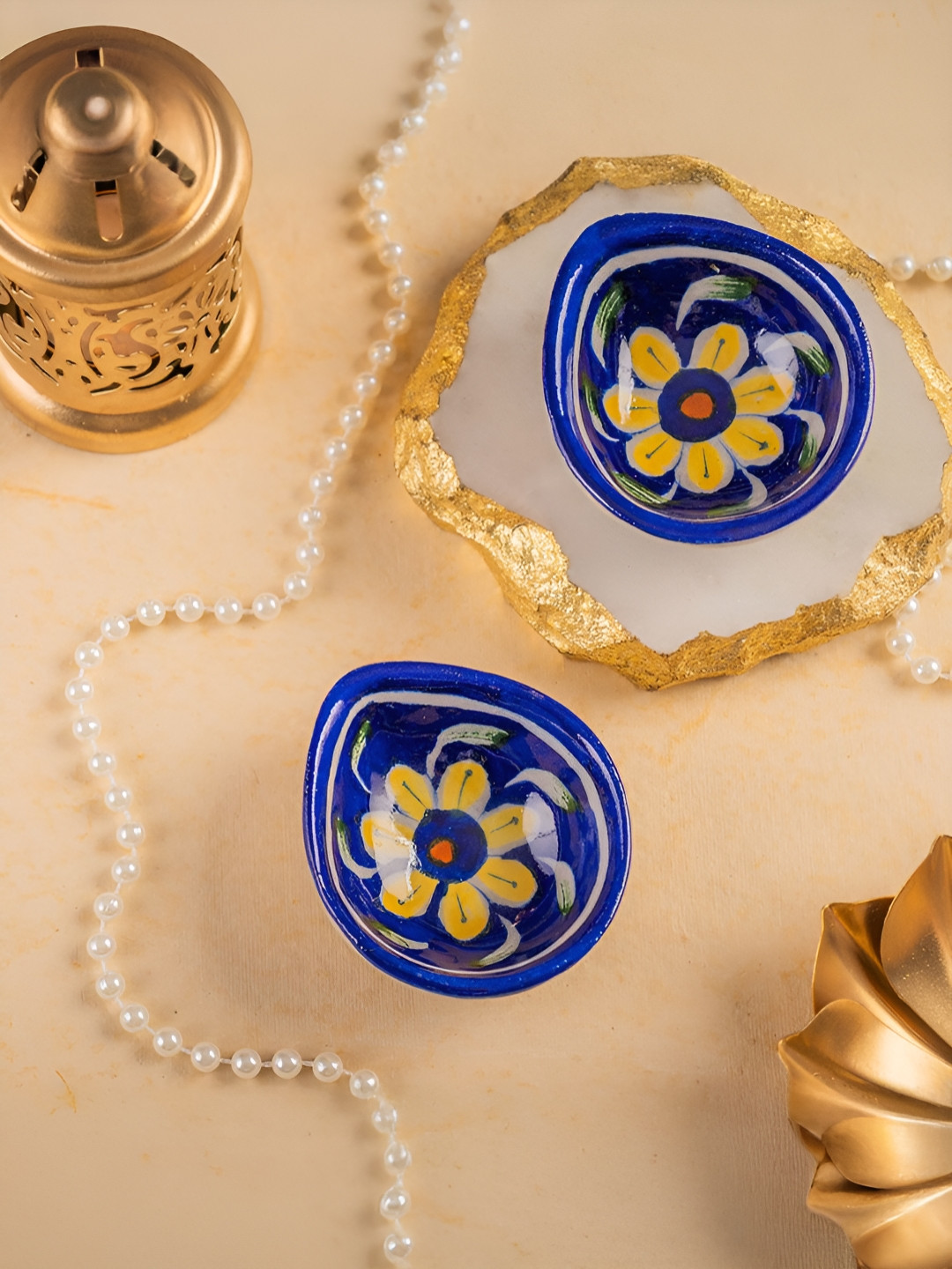 The Zappy Box Navy Blue & Yellow 2 Pieces Ceramic Diyas