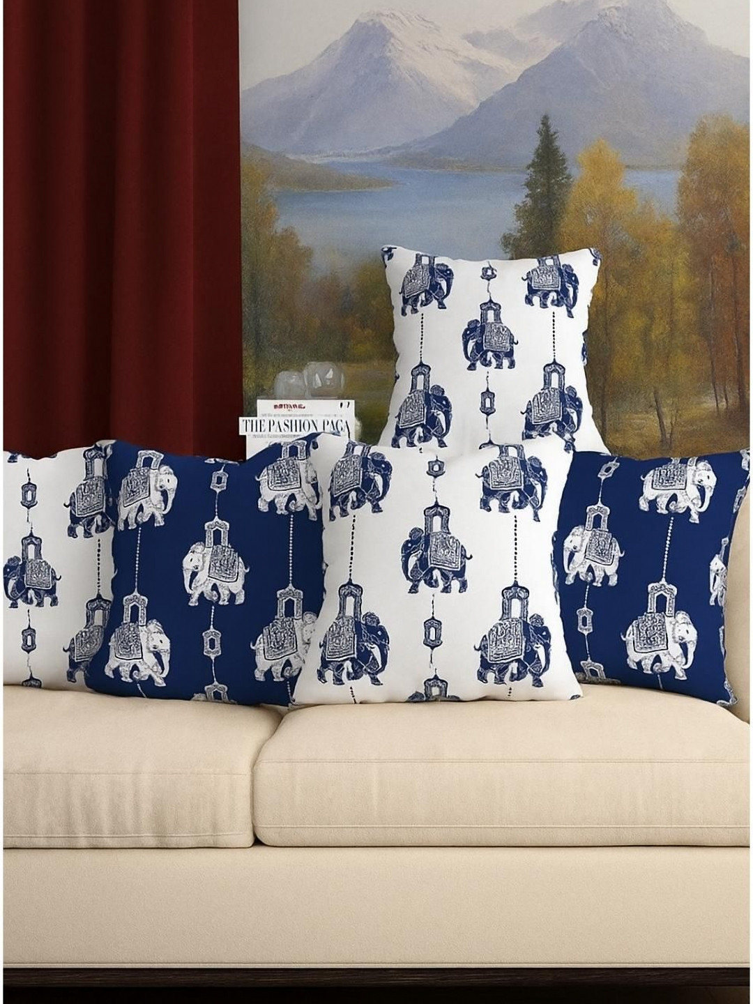 Aura White & Blue 5 Pieces Elephant Square Cushion Covers