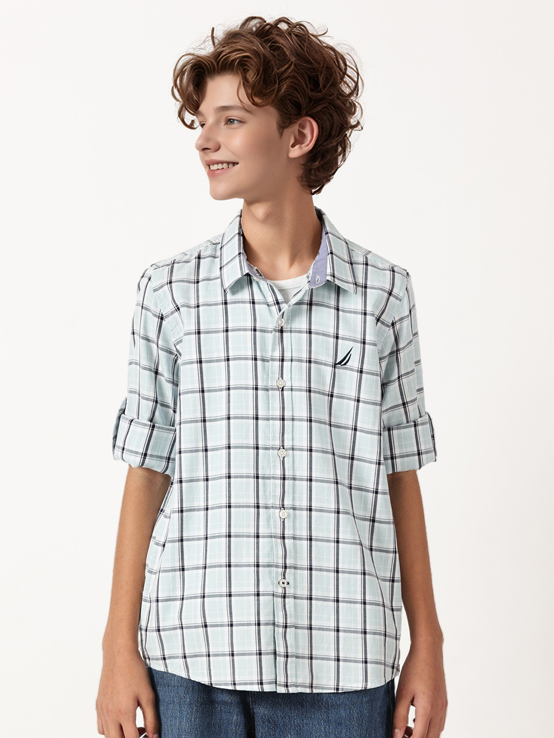 Nautica Boys Windowpane Checks Spread Collar Premium Regular Fit Pure Cotton Casual Shirt