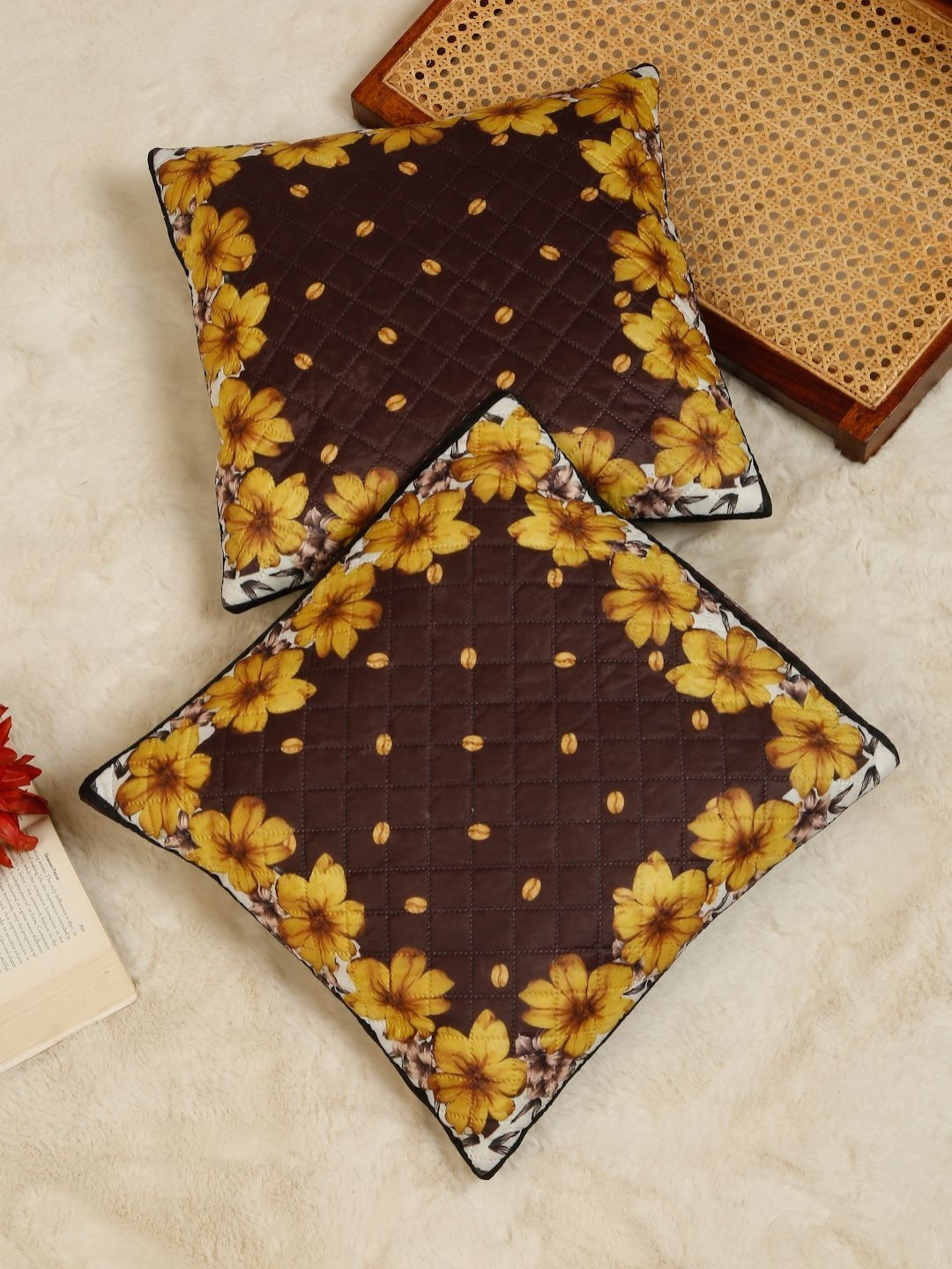 HOSTA HOMES Brown & Yellow 2 Pieces Floral Velvet Square Cushion Covers