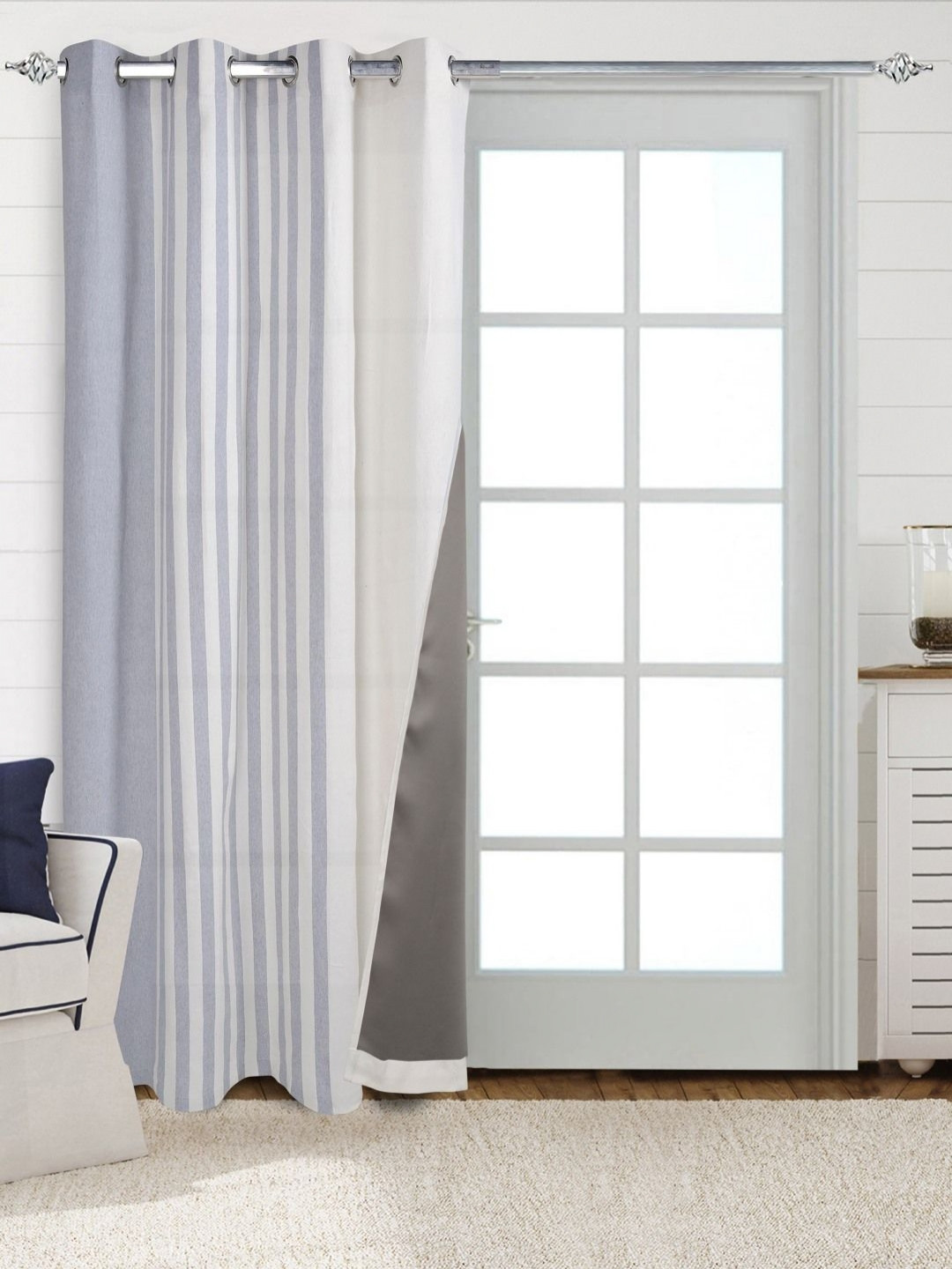 Saral Home Grey And White 2 Pieces Striped Black Out Cotton Door Curtains