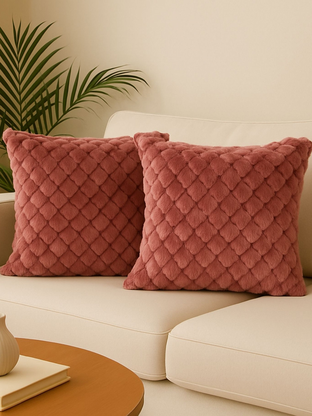 MFD HOME FURNISHING Rose-Gold 2 Pieces Self Design Textured Velvet Square Cushion Covers