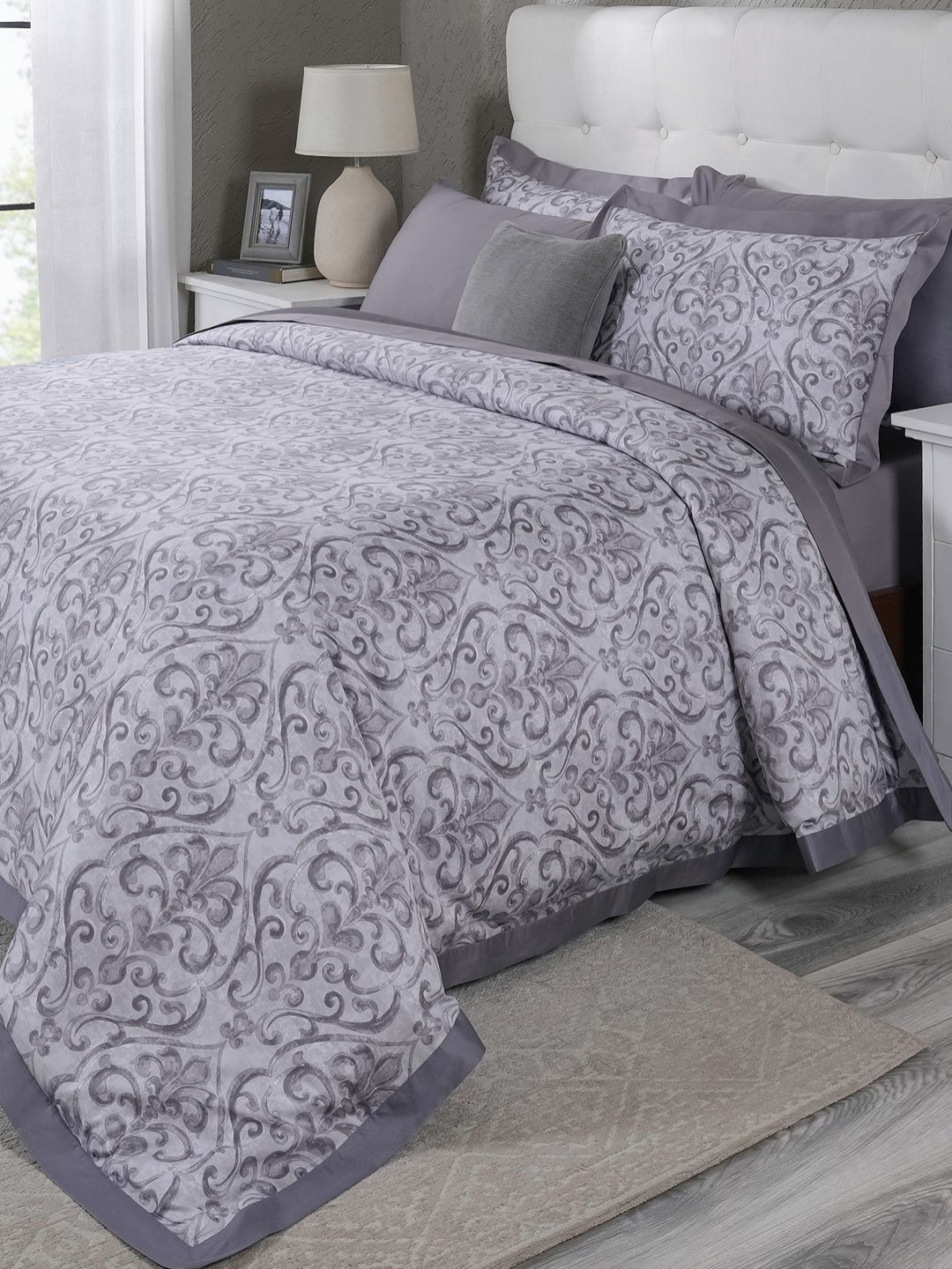 MASPAR Grey Floral Printed Pure Cotton Double King Regular Bedding Set