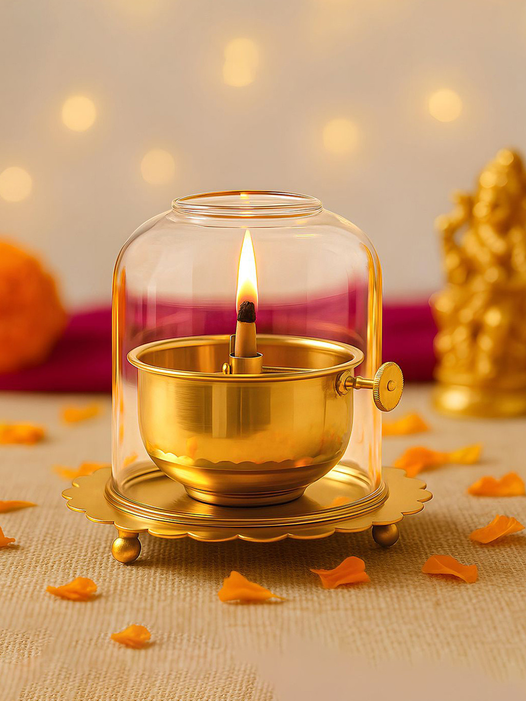 Kuber Industries Gold-Toned Akhand Jyoti Diya Oil Lamp With Adjustable Bati Knob -150 ml