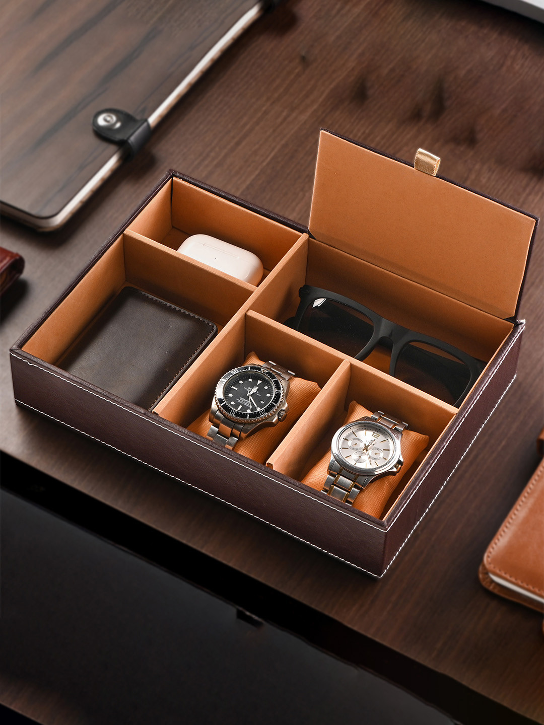 Kuber Industries Golden & Brown Faux Leather Jewellery Box & Sunglasses Watch Organisers