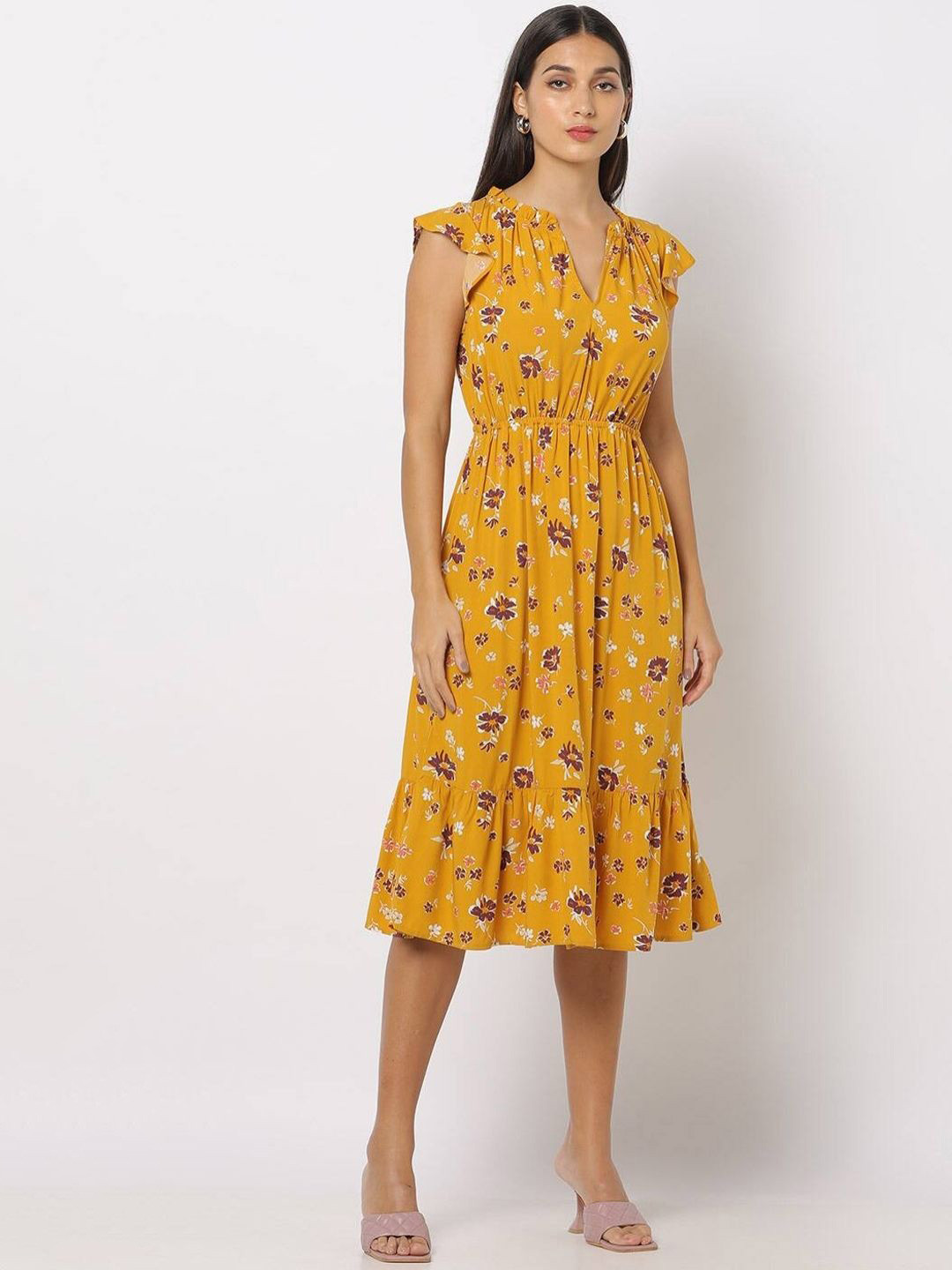 GAP Women's Ethnic Printed Flutter Sleeve Midi Dress