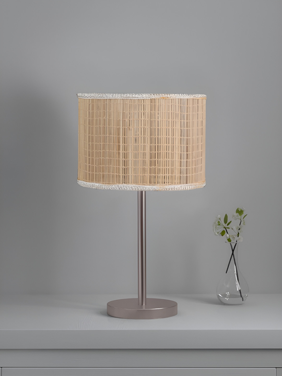 Devansh Beige & Steel Colored Cylinder Shaped Table Lamp With Shade