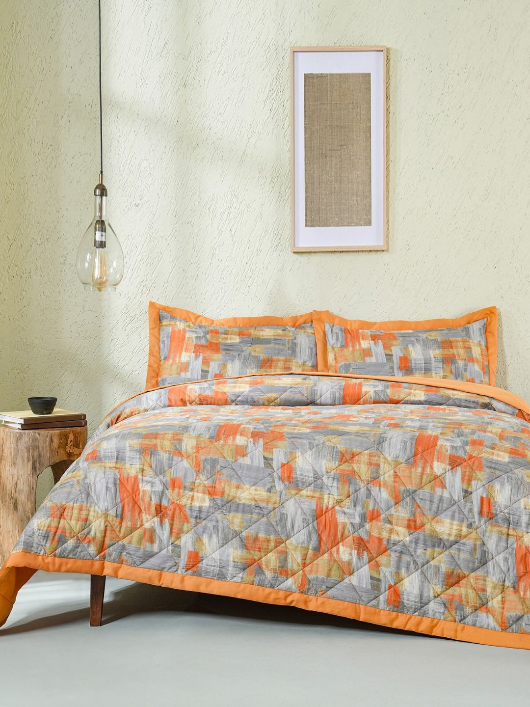 MASPAR Rust & Grey Abstract Printed 100 GSM & 200 TC Cotton Double Bed Quilt