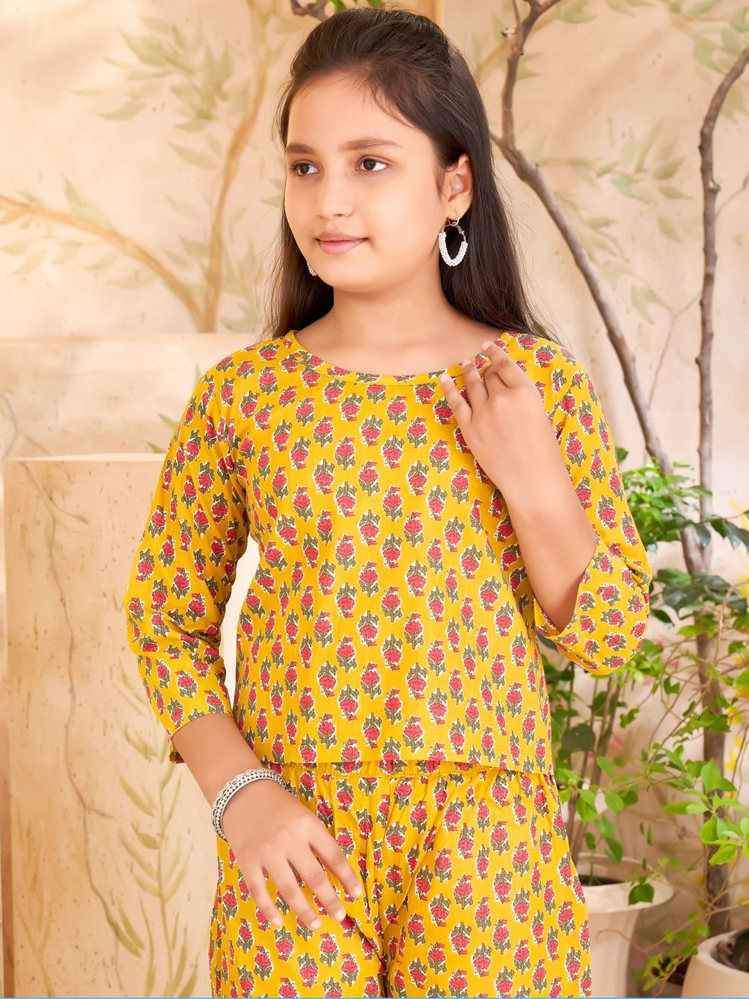 Muhuratam Girls Casual Wear Yellow Colour Floral Print Cotton Top & Pant