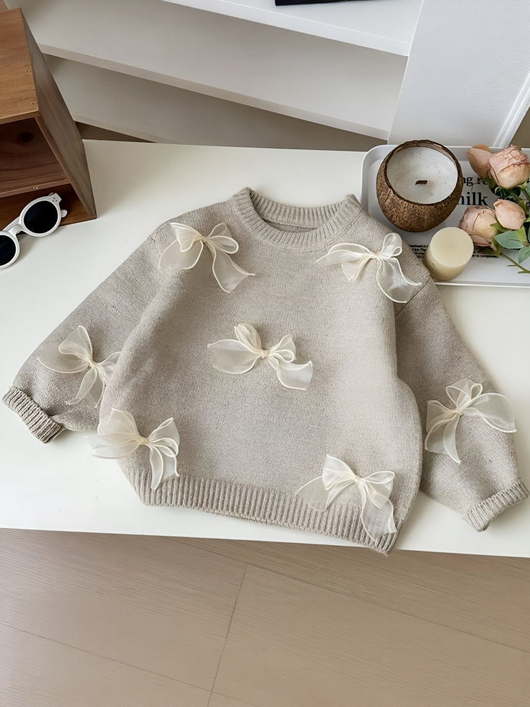 YK Girls Bow Embellished Detail Sweater