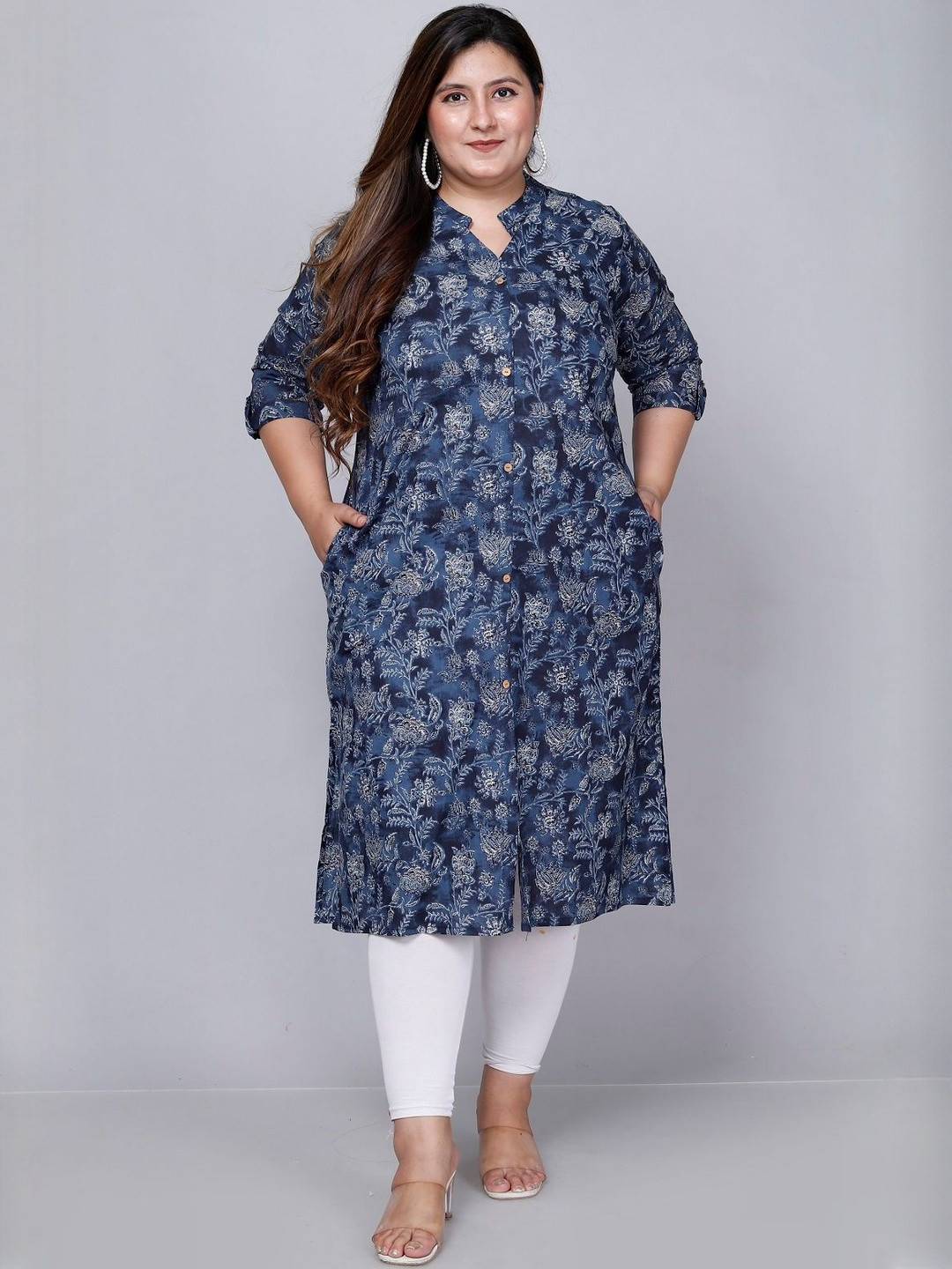 Vasavi Women Plus Size Blue Colour Cotton Plus Size A-Line Kurta Kurti For Women