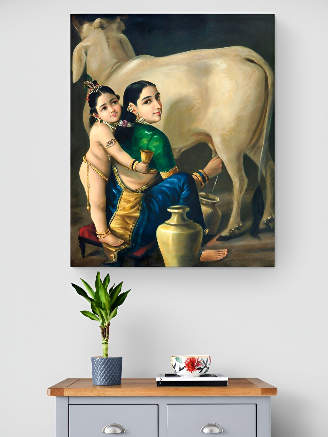 Tushaco Handicrafts Green & White Yashoda Krishna Printed Canvas Wall Art