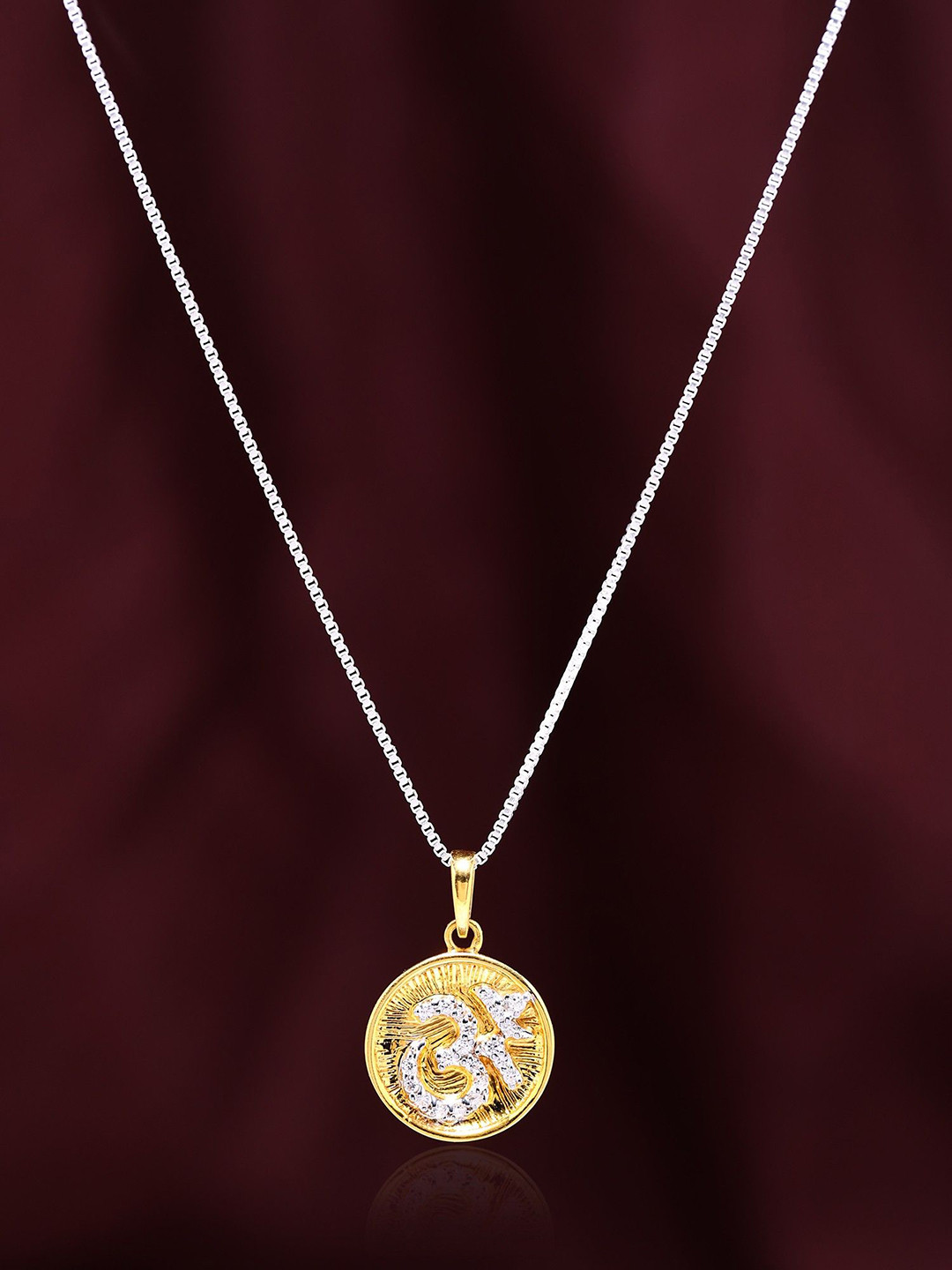 Exotic India 18K Gold Plated Round Shape OM Cubic Zirconia Studded Pendant
