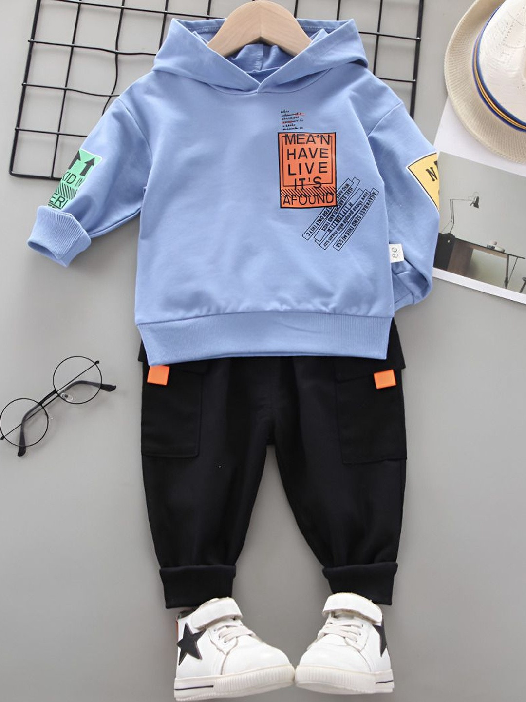 YK Blue Long Sleeves Hooded Kids Unisex Co-ords Set