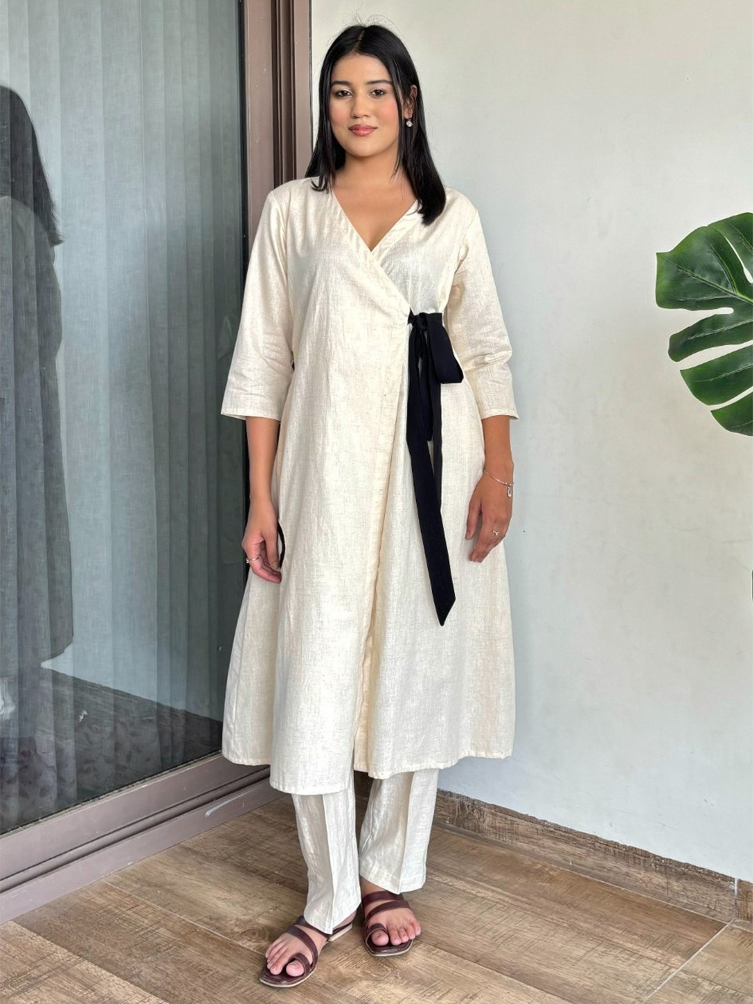 FFI Women Elegant Silver Wrap Pure Cotton Kurta & Trousers with Contrast Tie-Up Detail