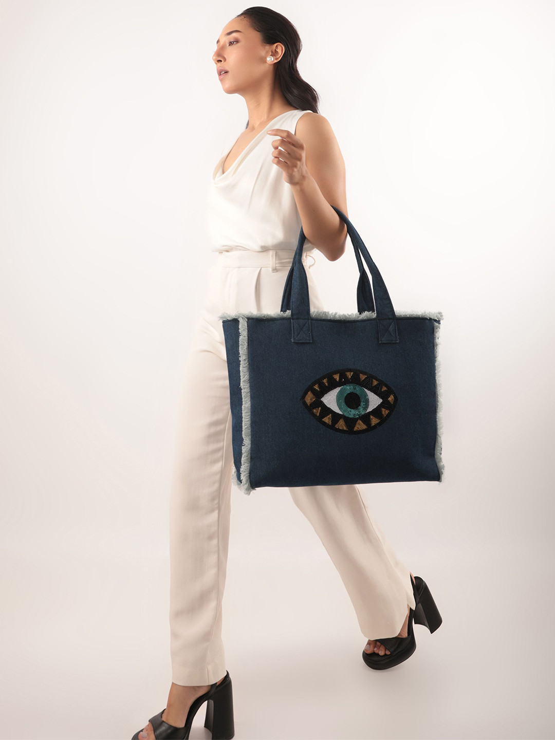 earthbags Women Evil Eye Shopper Embellished Tote Bag