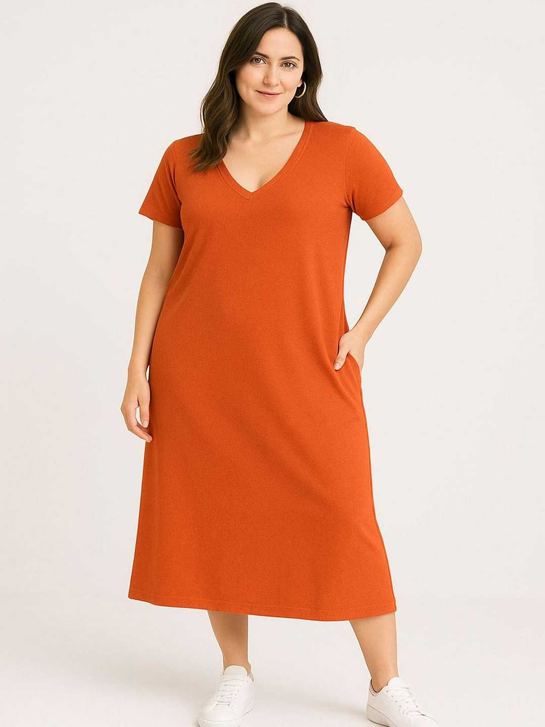 GAB Women's Solid V Neck  T shirt Style Dress