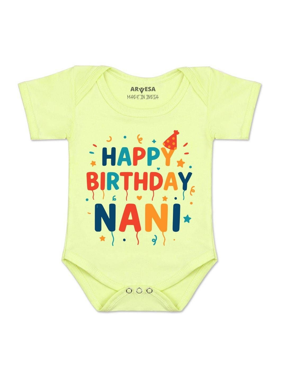 Arvesa Happy Birthday Nani Printed Envelope Neck Full Sleeve Cotton Rompers