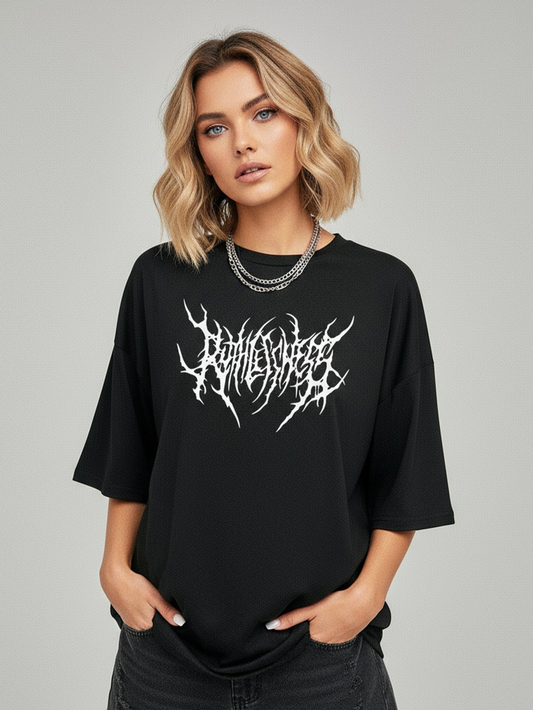 Mast & Harbour Women Graphic Printed Round Neck Cotton Oversized T-shirt