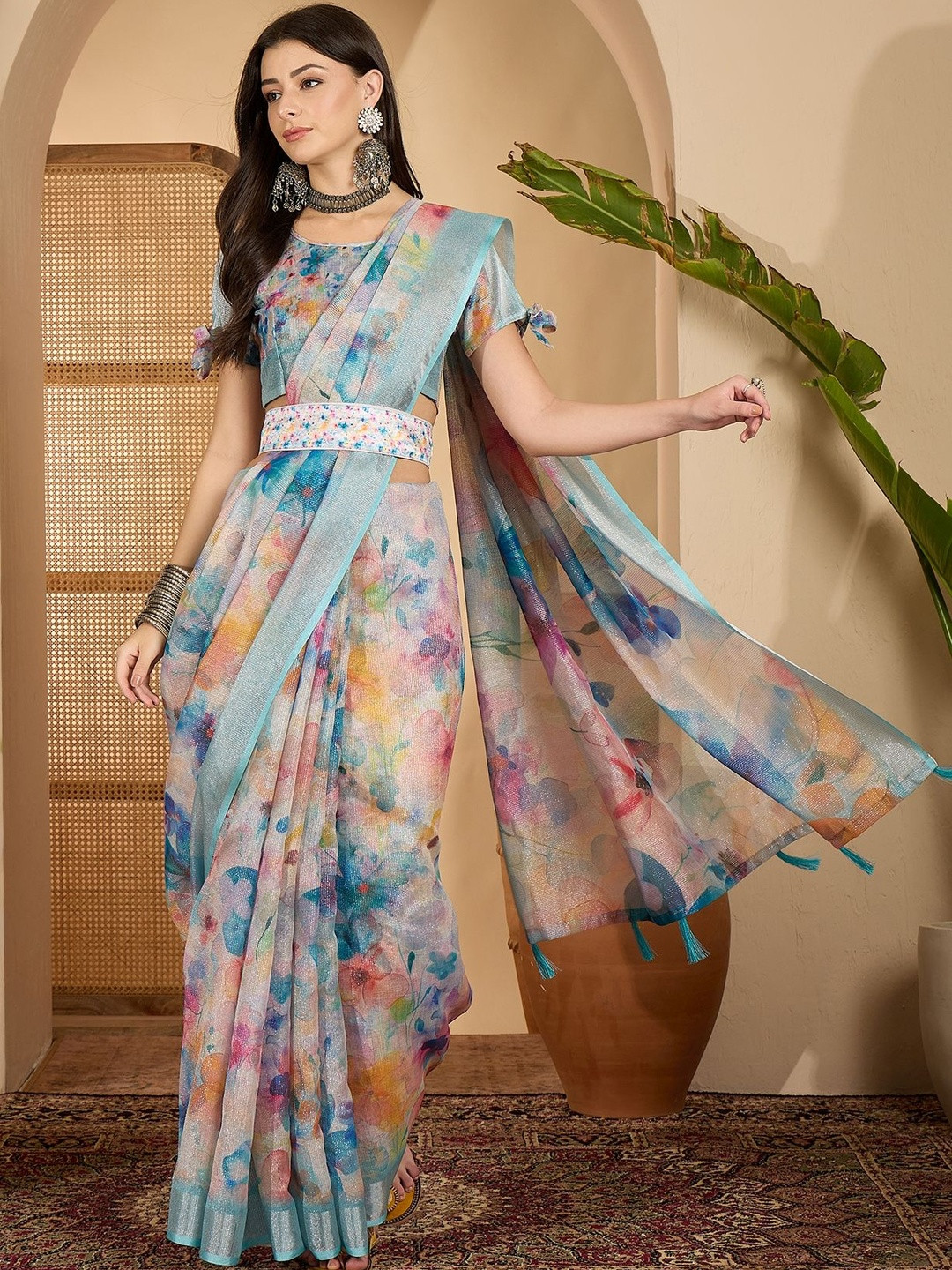 Desi Fusion Floral Phulkari Linen Blend Fusion Saree