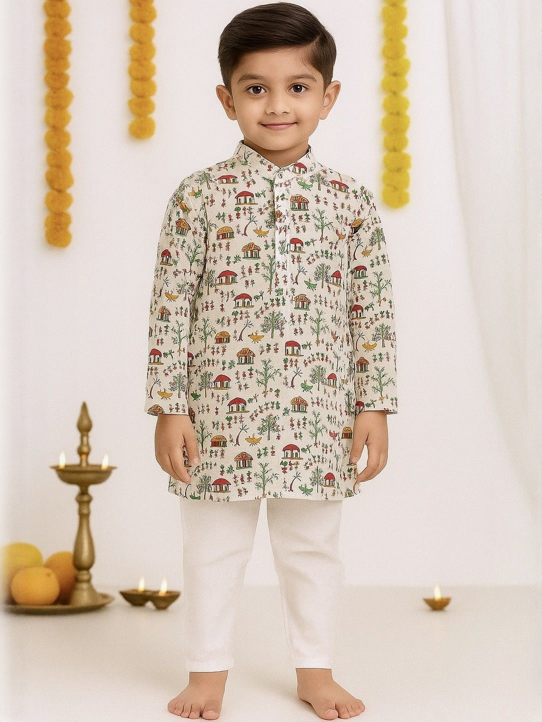 HUMAN CHOICE Boys Tribal Printed Mandarin Collar Straight Pure Cotton Kurta With Pyjamas