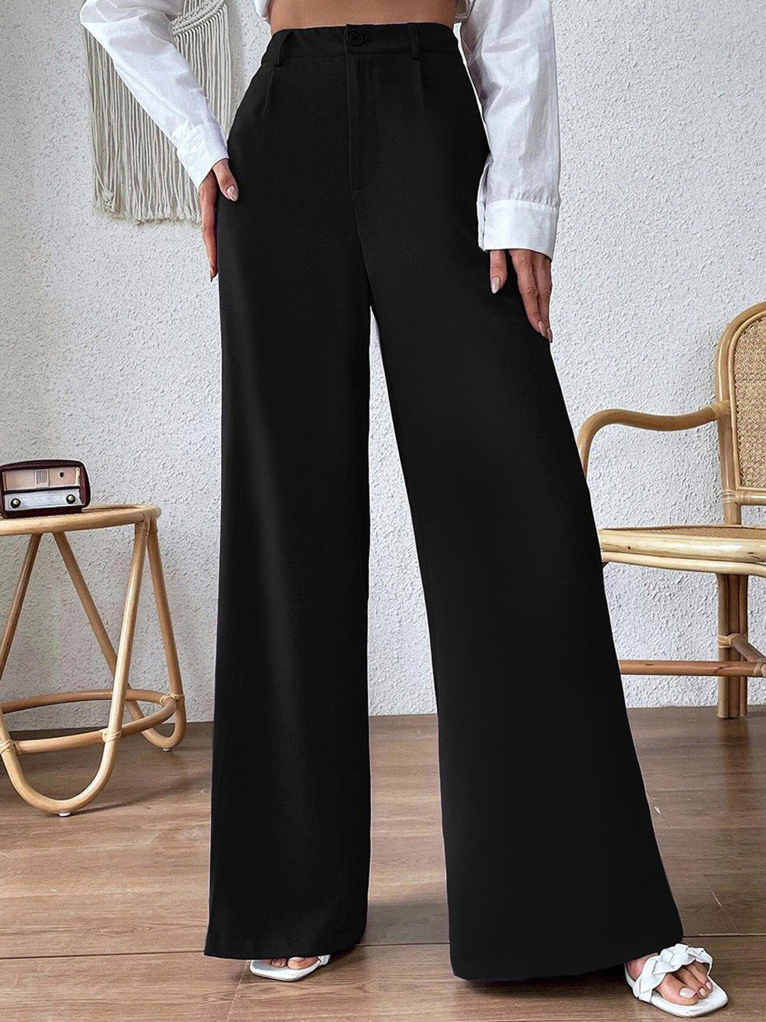 KERI PERRY Women Relaxed Straight Leg High-Rise Wide Leg Flat-Front Korean Pants