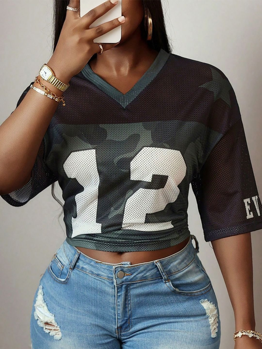 StyleCast Women Camouflage Oversized V-Neck T-shirt