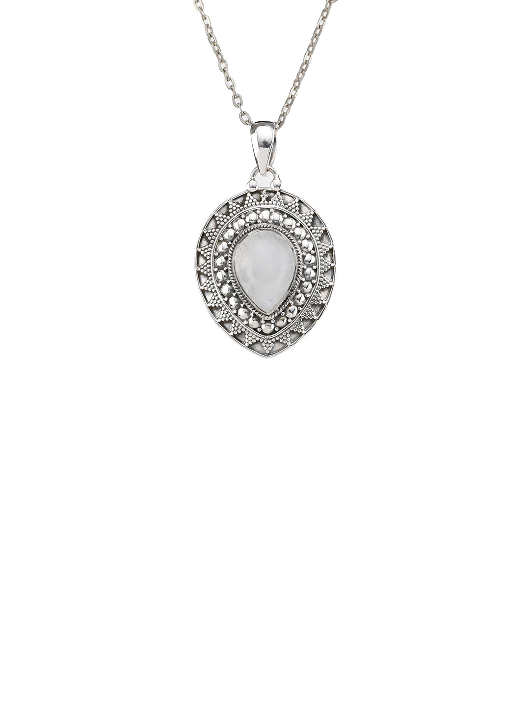 Exotic India Women Silver Inverted Tear Drop Rainbow Moonstone Pendant