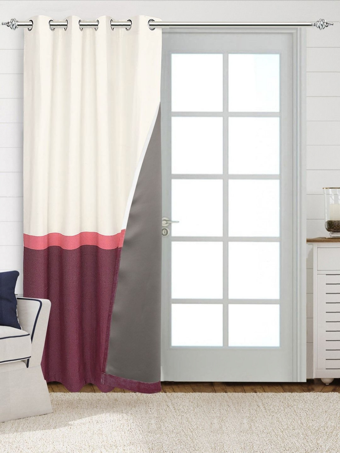 Saral Home White & Maroon Colourblocked Black Out Cotton Long Door Curtain