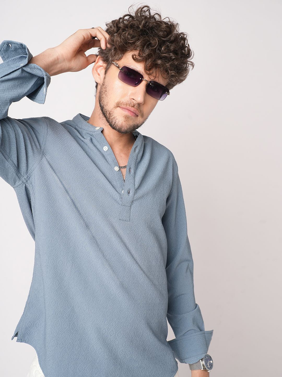 VASTRADO Men Ocean Blue Lozenge Textured Kurta