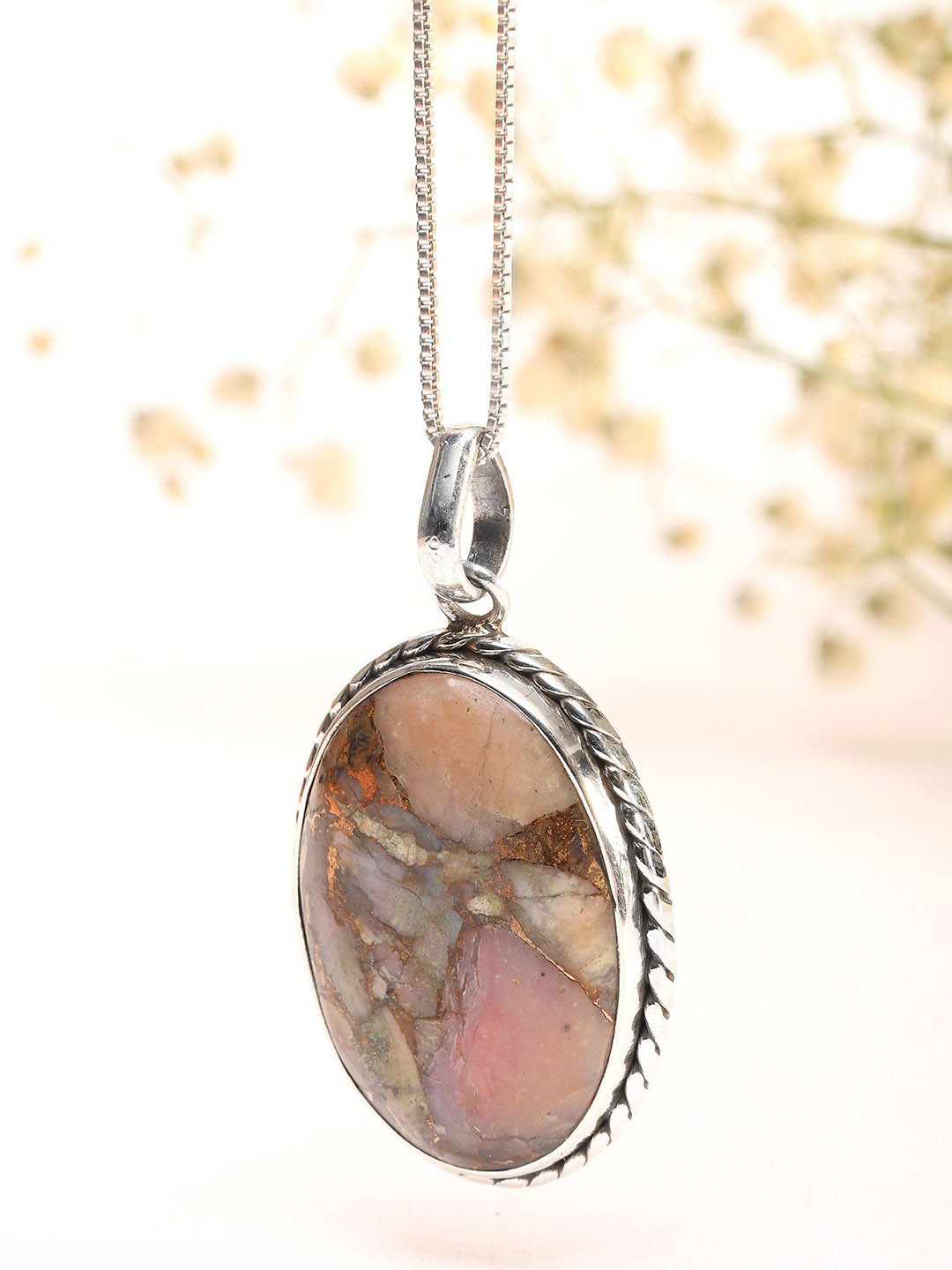 Exotic India Women Oval Shape Copper Mojave Pink Opal Pendant in Silver Rope Bezel