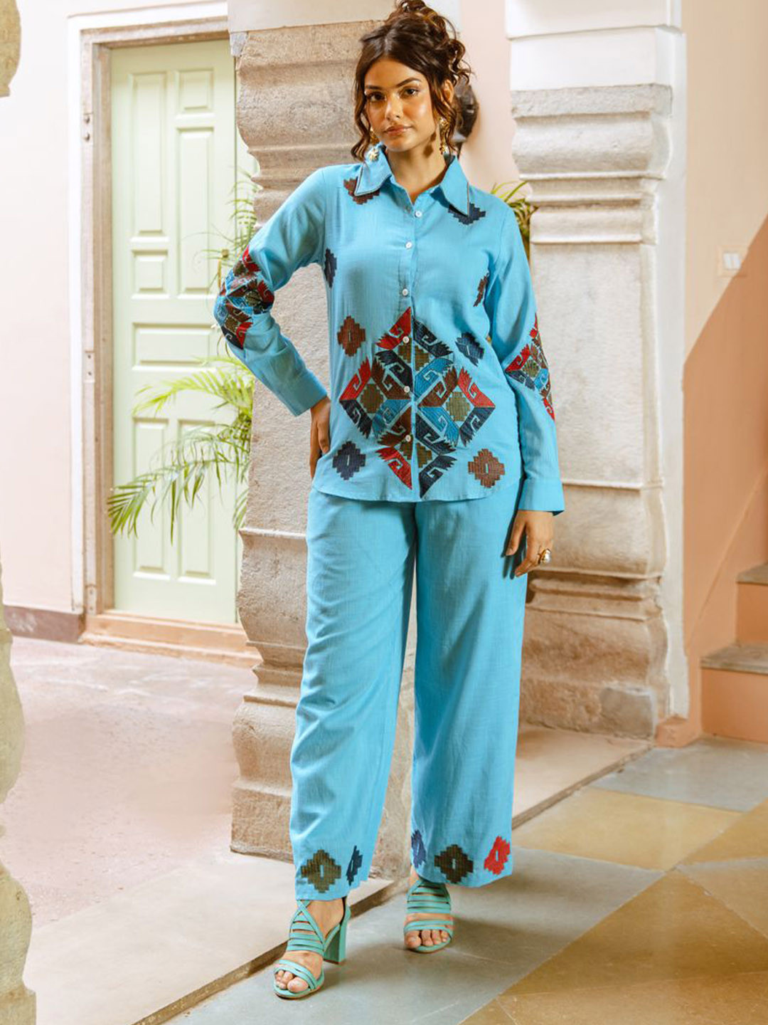 Aadews Leo Embroidered Long Sleeves Pure Cotton Shirt & Trouser