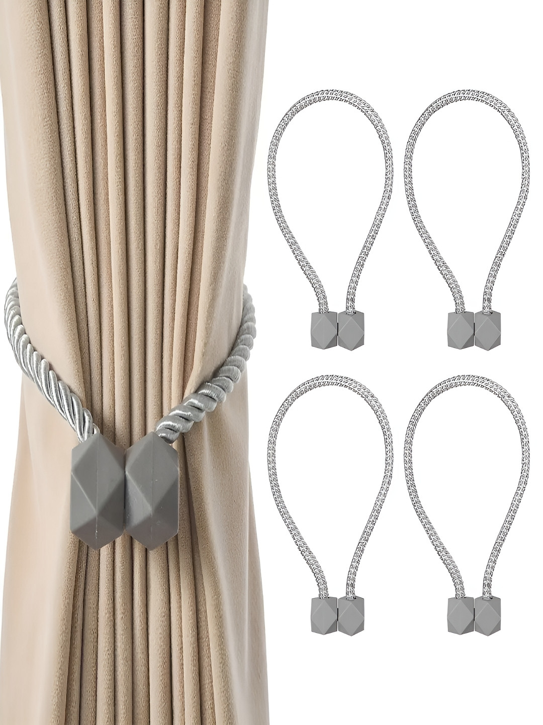 TIED RIBBONS 4 Pieces Grey Textured Curtain Tie-Backs