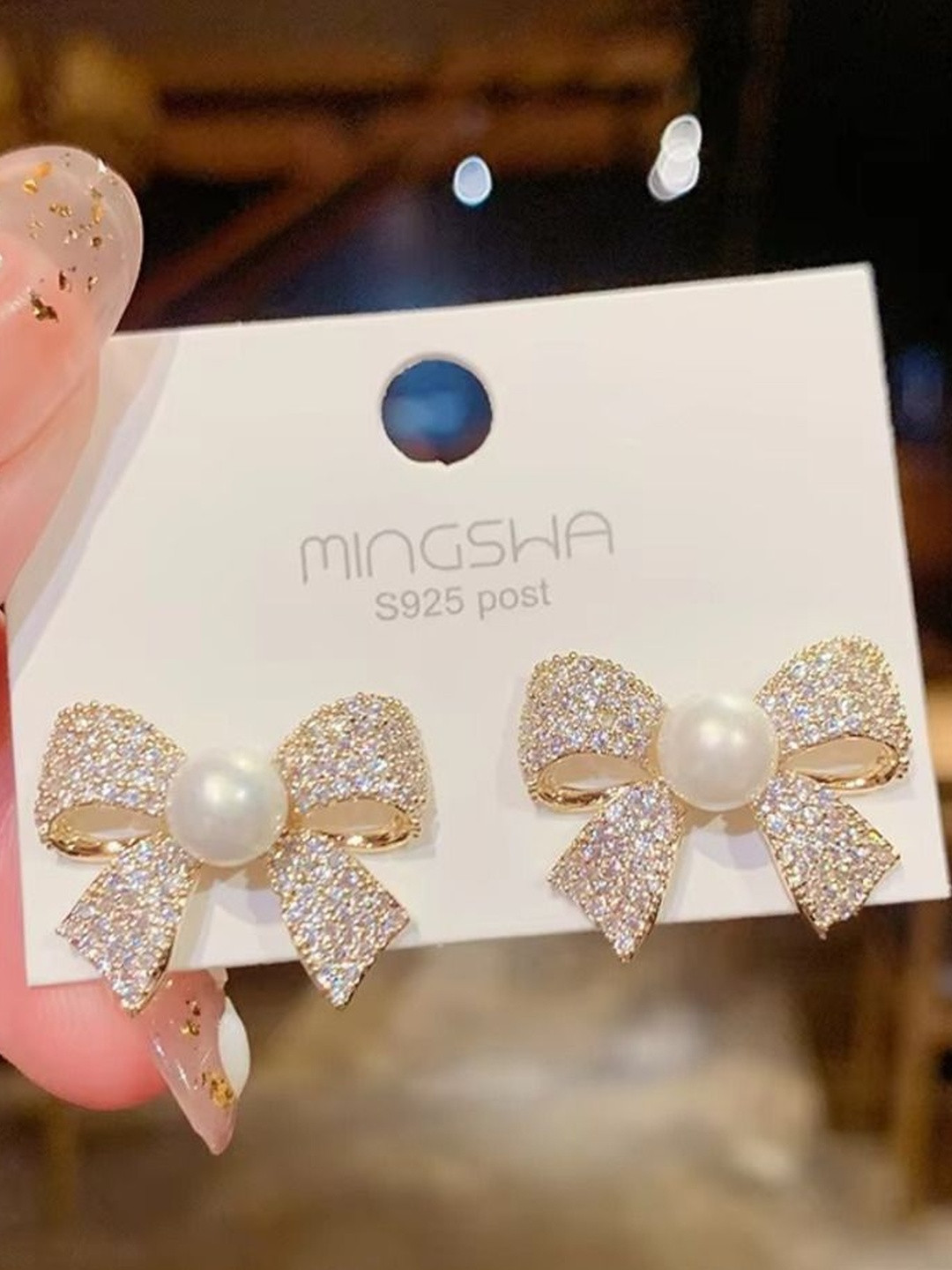 Tiso Gold Plated Pearl Cute Bow Rhinestone Studded Studs Earrings