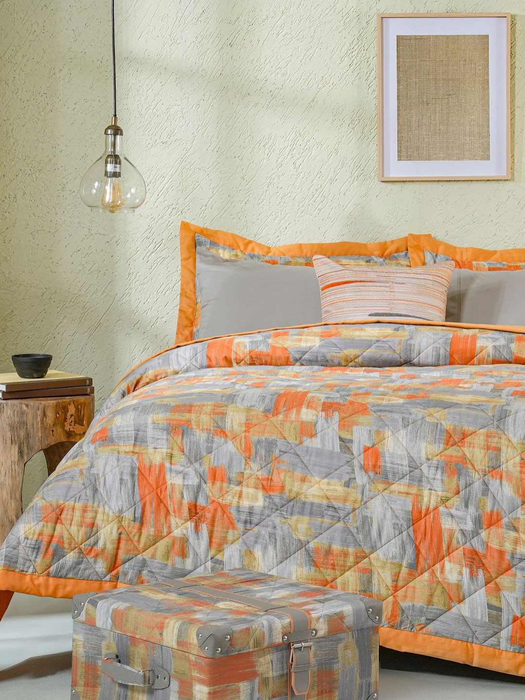 MASPAR Rust Colored & Grey Geometric Printed Pure Cotton Double Queen Regular Bedding Set