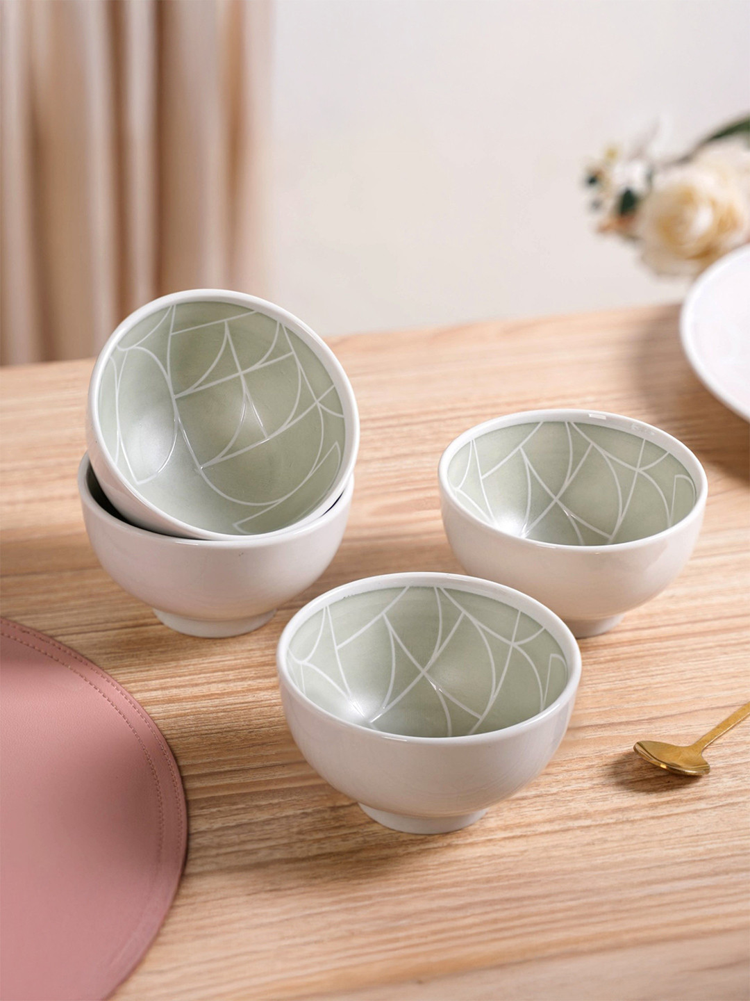 Nestasia Green & White 4 Pieces Geometric Printed Ceramic Bowls-325 ml Each