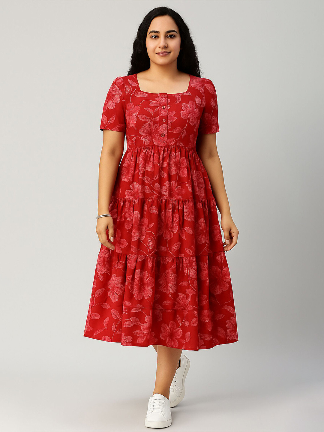 THE WHITE FEATHERS Women Cotton Floral Printed Fit and Flare Midi Dress