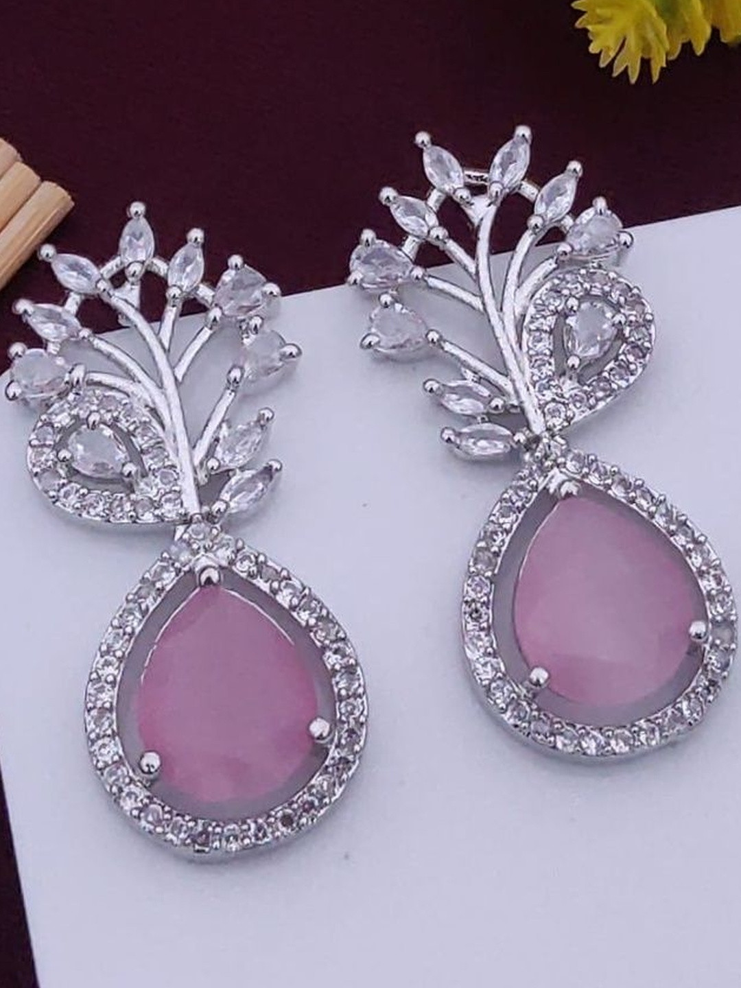 Laksh Enterprise Women Pink Teardrop Shaped Studs Earrings