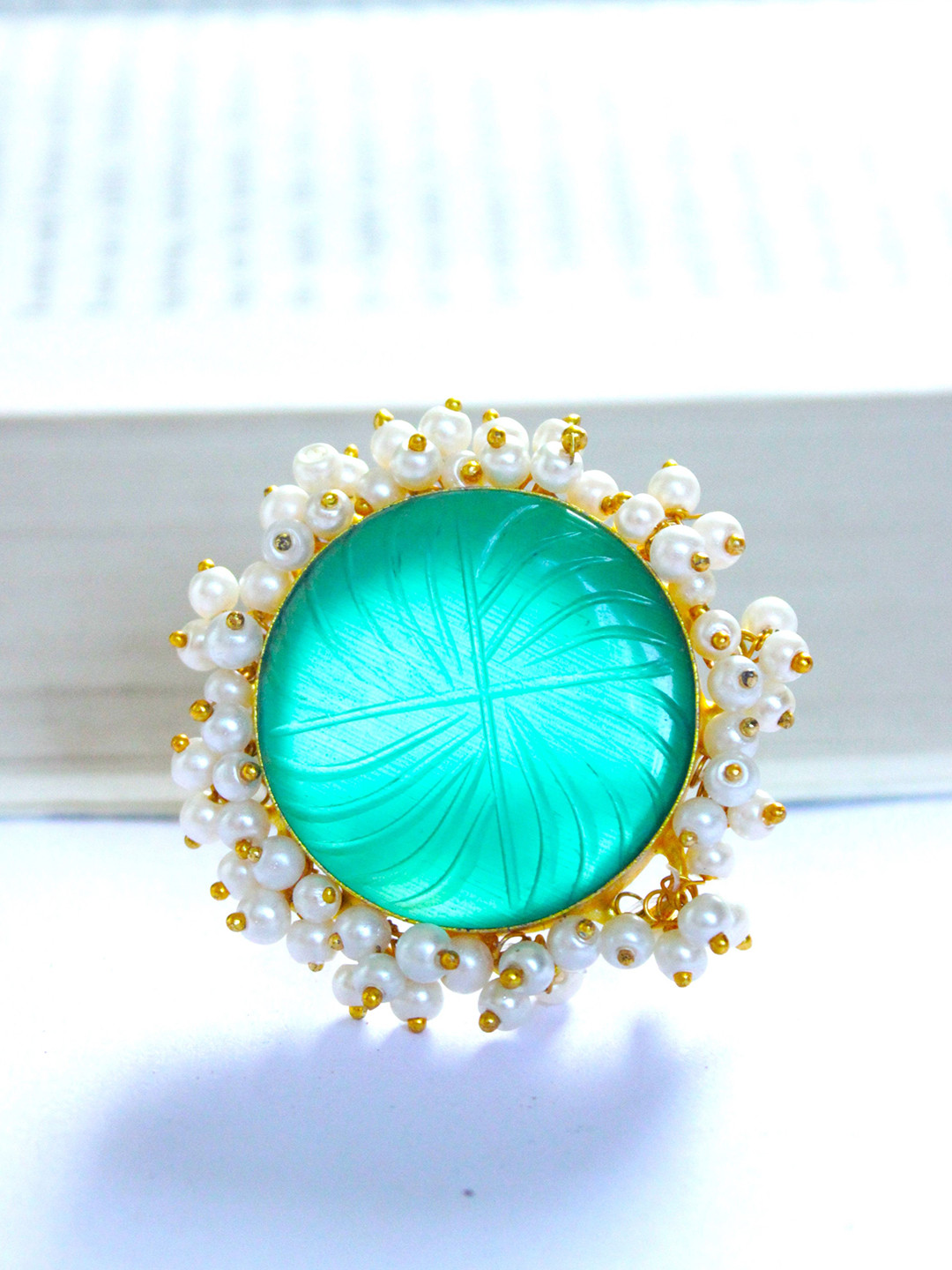 THE BLING GIRLL Gold-Plated Gemstone-Studded & Pearls Beaded Finger Ring