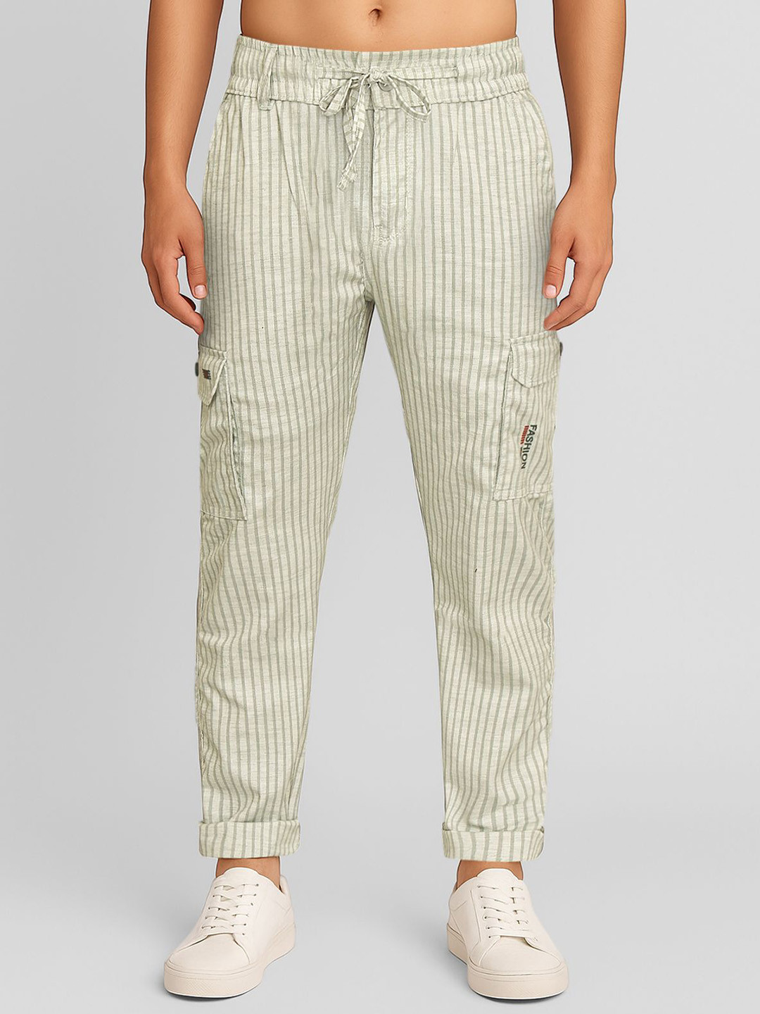 Plounge Men Striped Relaxed Fit Mid-Rise Linen Cargos Trousers