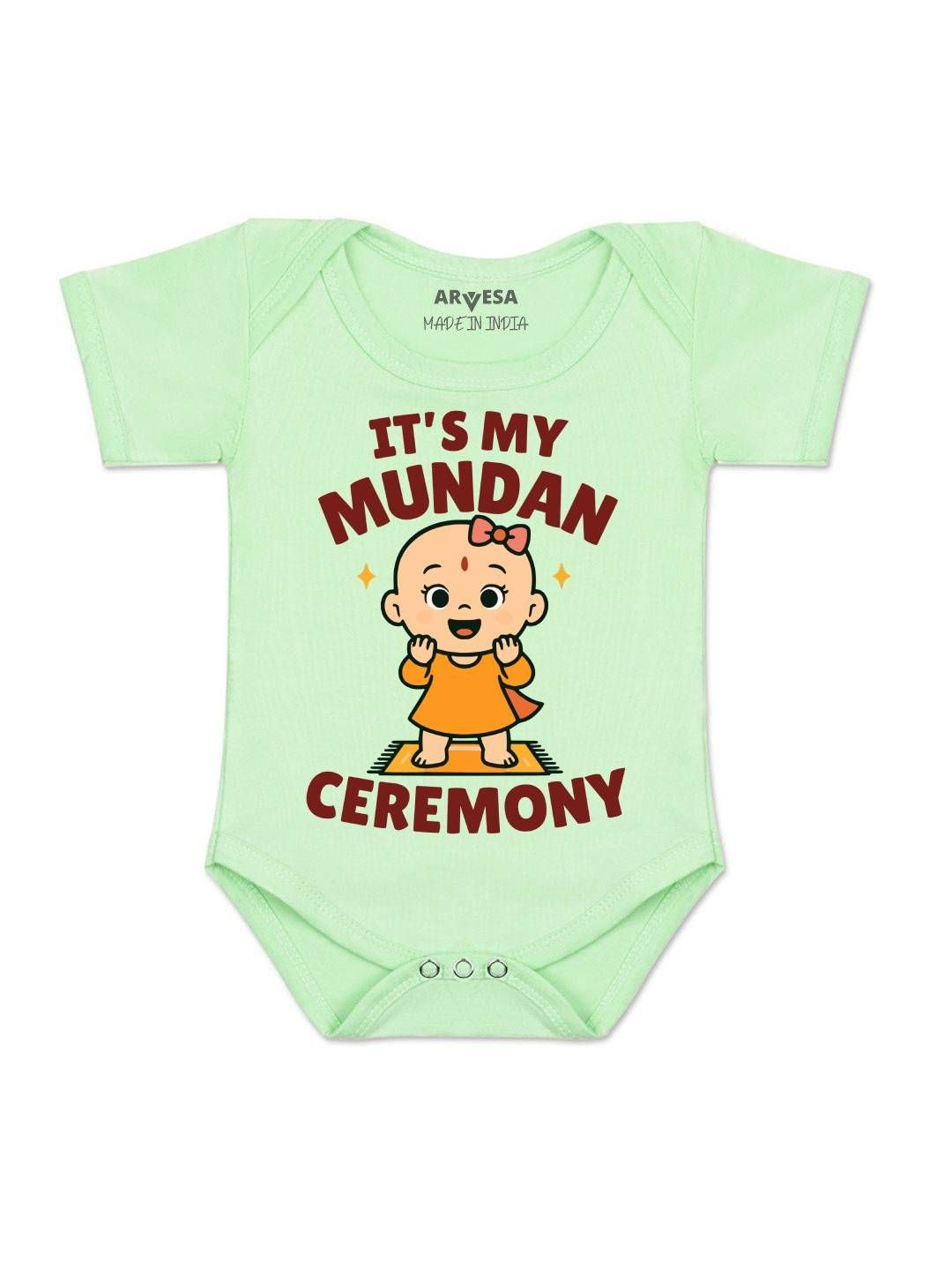 Arvesa Its Mundan Ceremony  Printed Envelope Neck Short Sleeve Baby Rompers