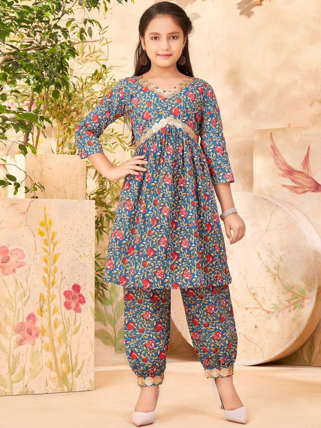 Muhuratam Girls Ethnic Wear Teal Blue Colour Floral Print With Sequin Lace Cotton Kurti Patiala Set