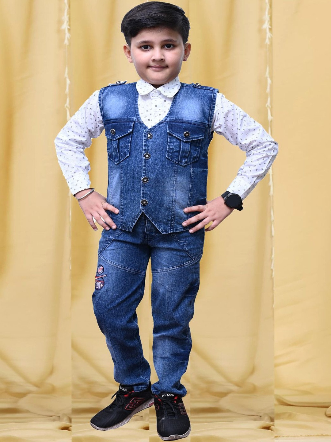 OJ TREND Boys Printed Shirt with Denim Jeans & Waistcoat