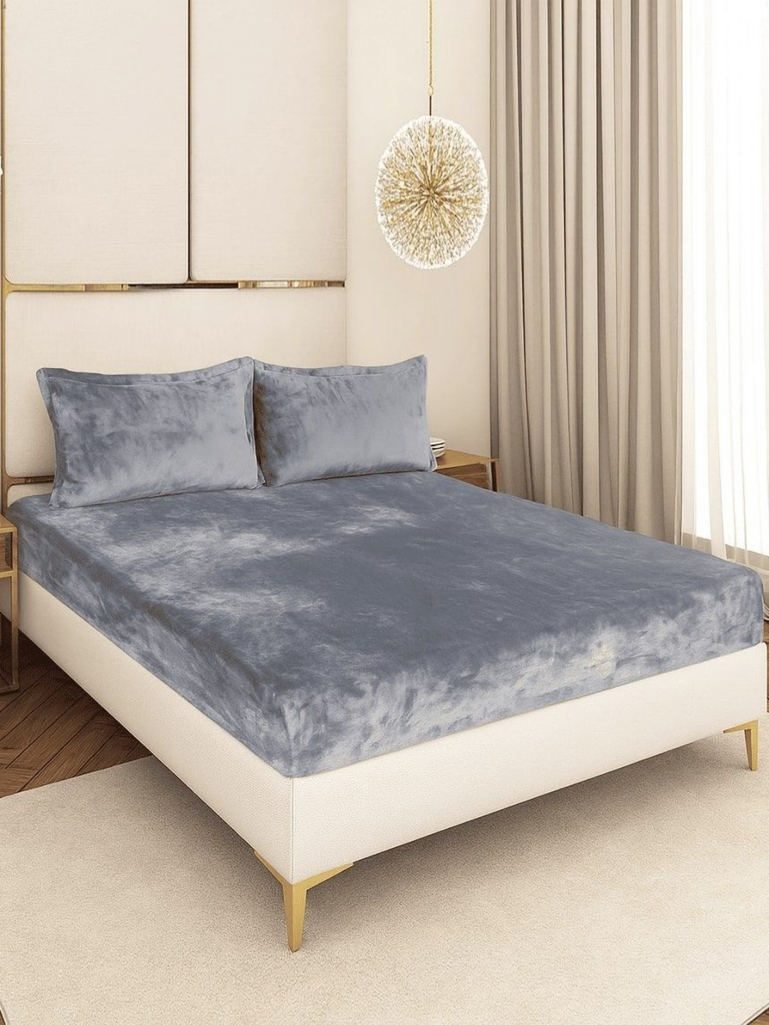 BLUEDOT Light Grey Velvet Flannel Warm Fitted King Bedsheet Set