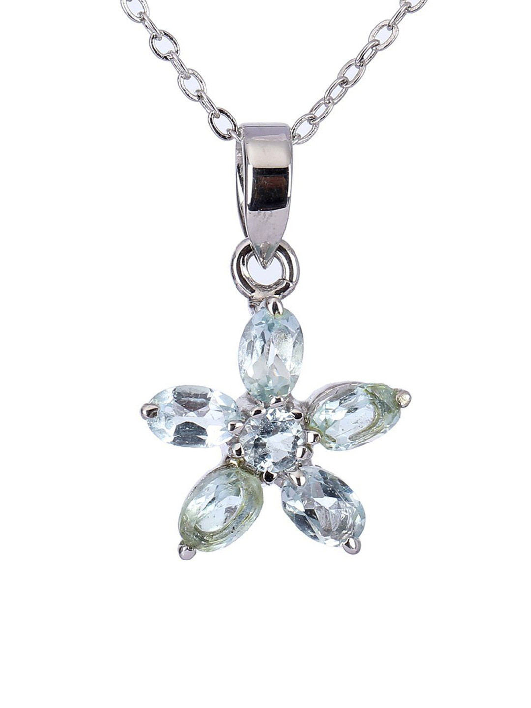 Exotic India Women Sterling Silver Topaz Round Cut Gemstone Floral Pendant