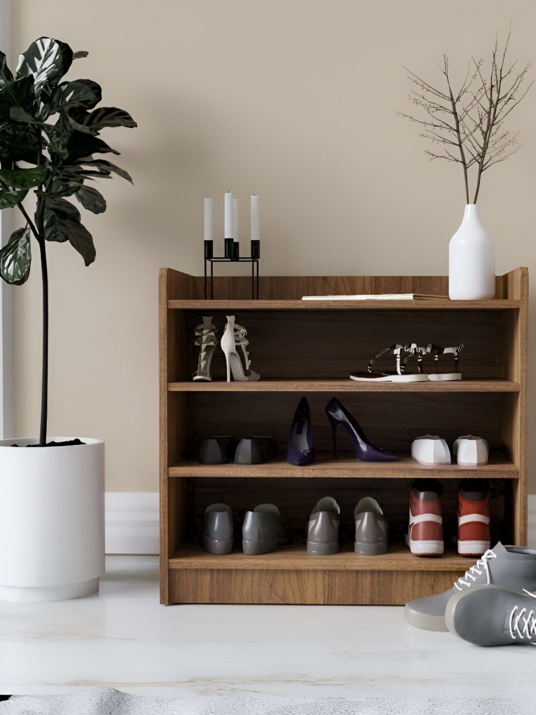 neuspace Brown 4-Tier Wooden Storage Shoe Rack