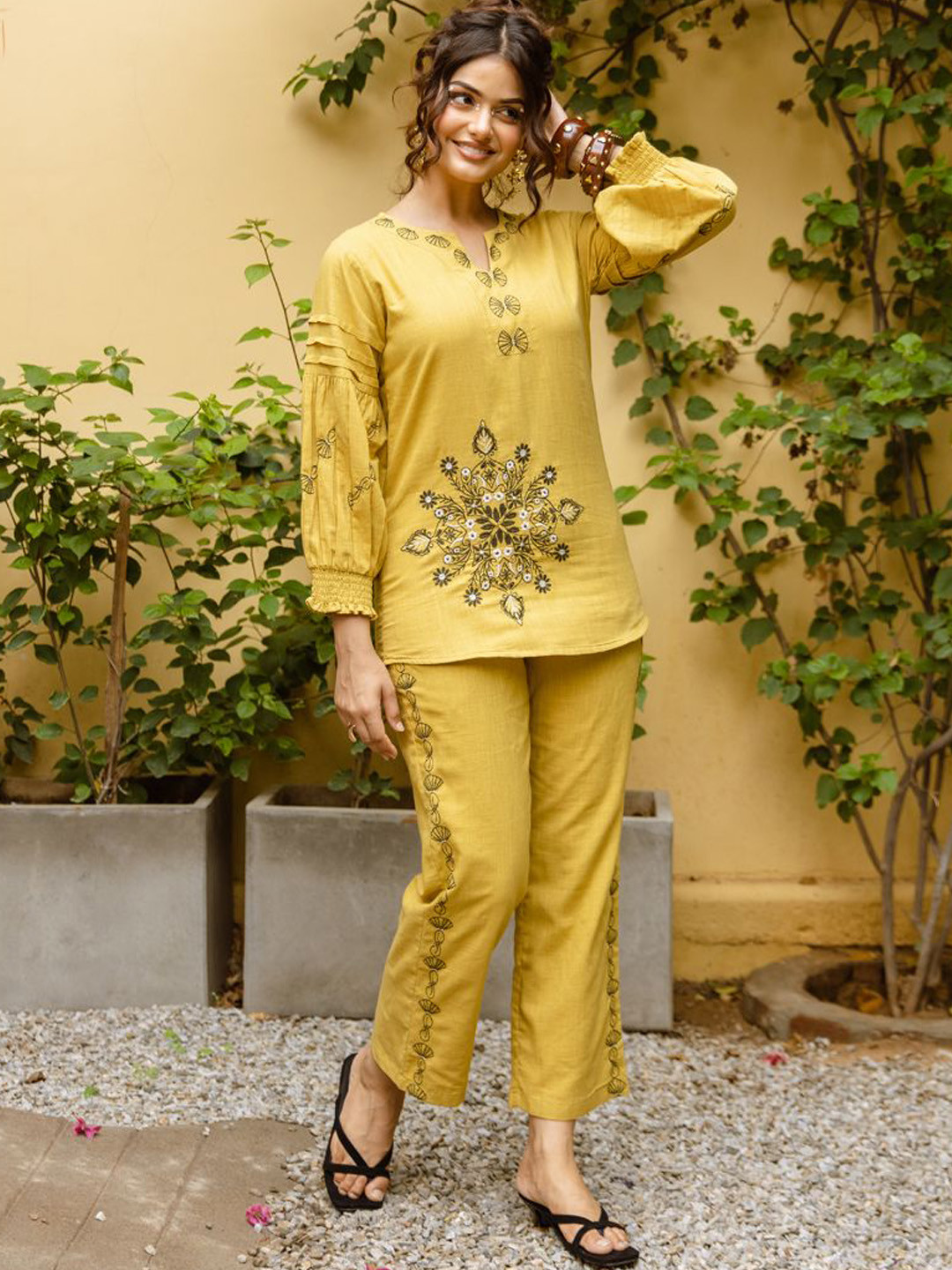 Aadews Harper Embroidered Notch Neck Pure Cotton Top With Trouser