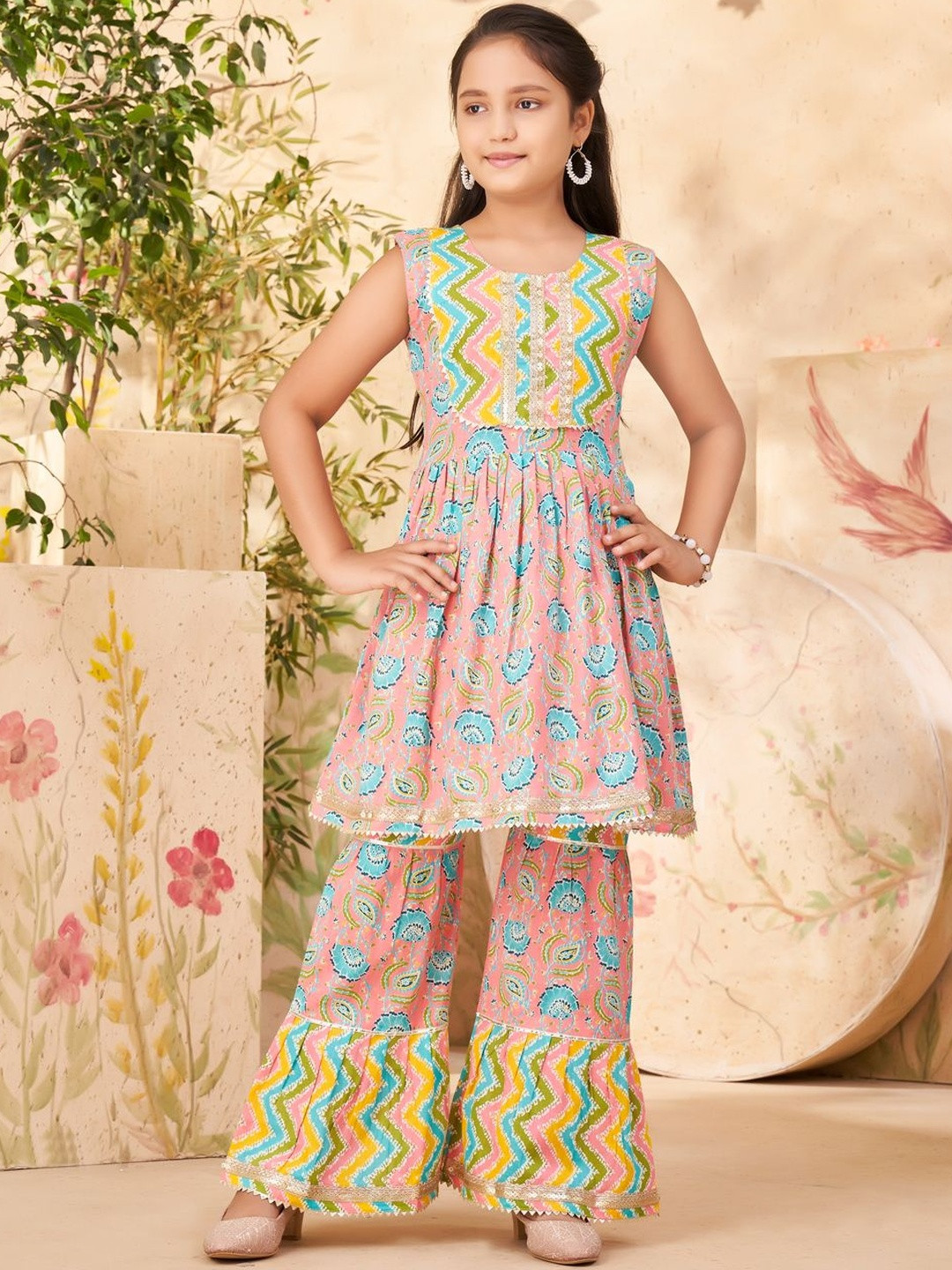 Muhuratam Girls Ethnic Wear Peach Colour Floral Print With Lace Cotton Kurti Sharara Set