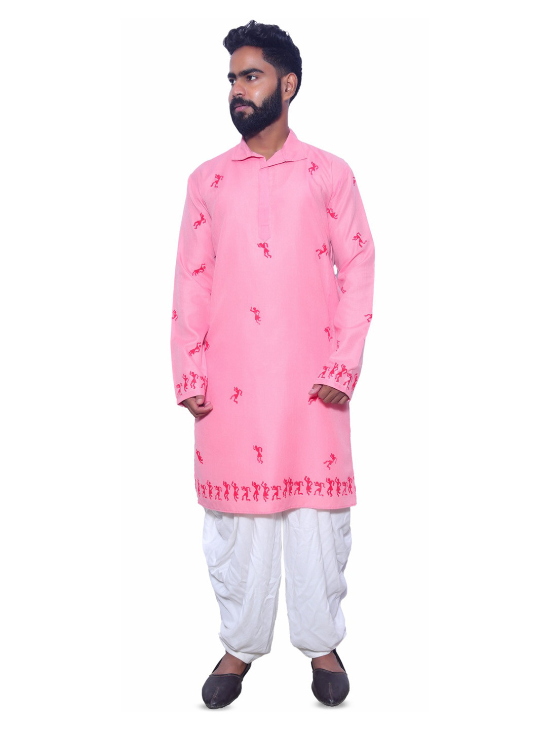 aruati Men Pink Polyester Long Sleeves Shirt Collar Straight Kurtas